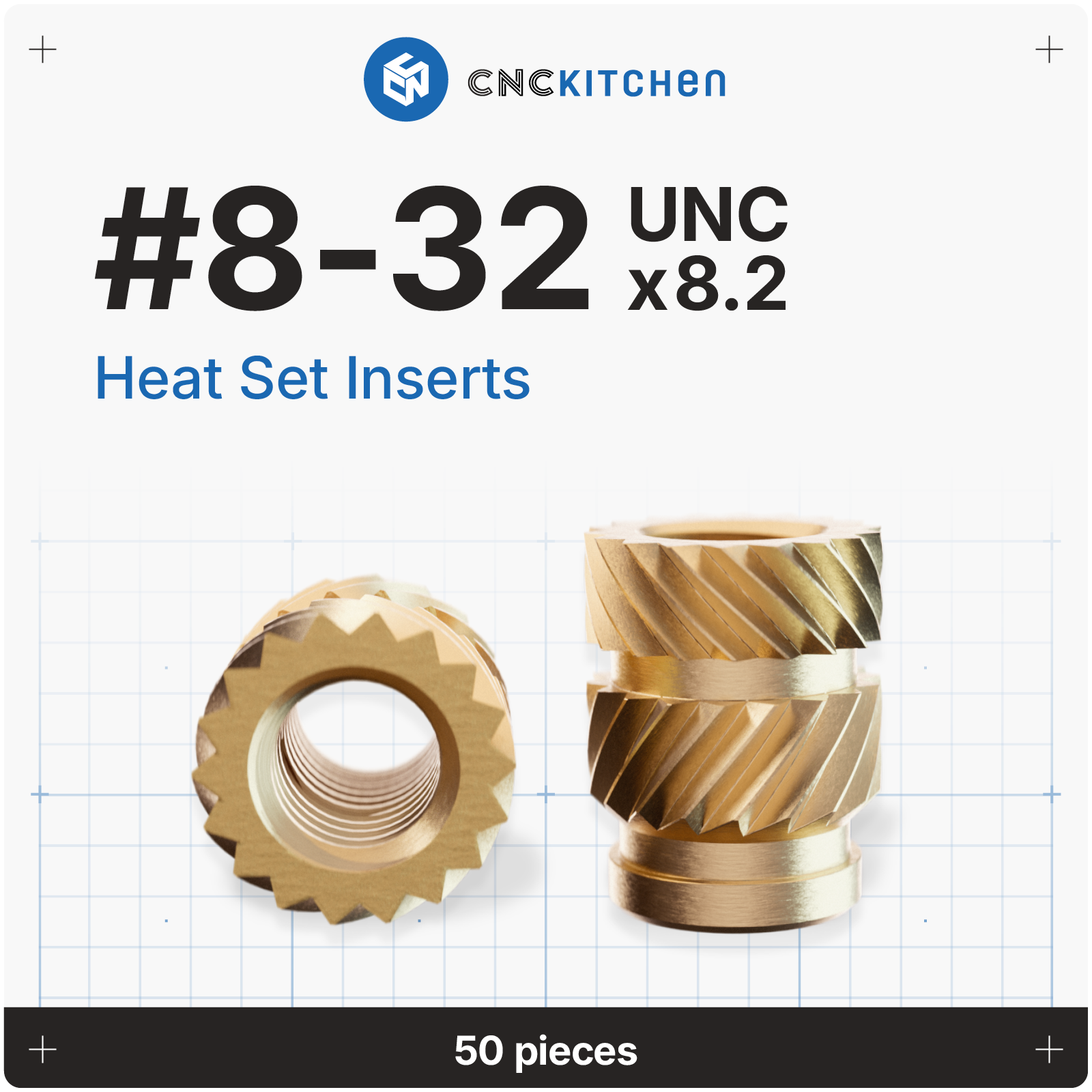 CNC Kitchen heat set inserts #8-32 UNC x 8,2 mm i messing, 50 stk.